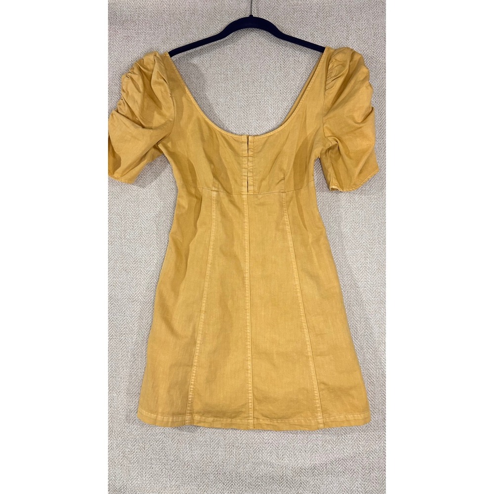 Free People Mustard Yellow Puff Sleeve Rafaella Mini Dress with Pockets Smocked